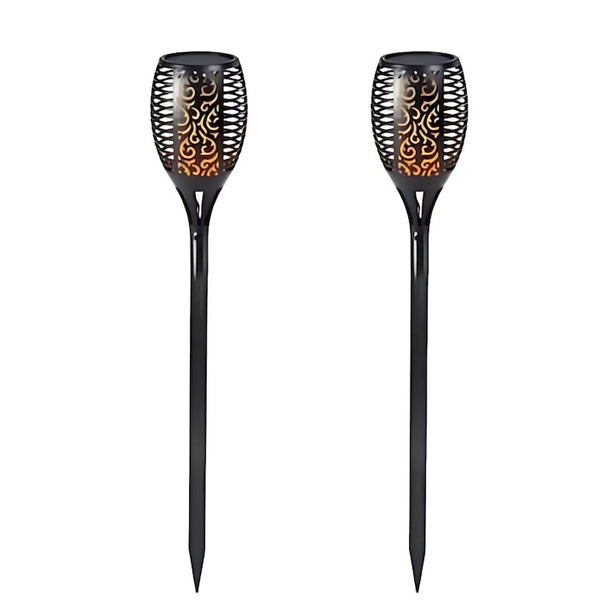 Set 2 Lampi Solare de Gradina Tip Torta cu LED, Efect Flacara Realista, Impermeabile IP65, Incarcare Solara, Aprindere Automata, Negru, Alei, Curte, Terasa