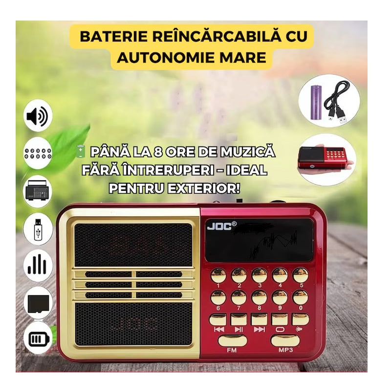 Radio portabil FM, MP3 portabil digital, cu ecran LCD, lanterna LED, USB, card SD, Mufa Jack, baterie reincarcabila, Conectivitate Bluetooth, Rosu