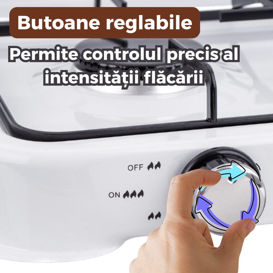 Aragaz portabil cu 3 ochiuri SGS 6003, capac metalic, kit complet conectare butelie si suport pentru ochi, ideal pentru camping sau gatit in aer liber