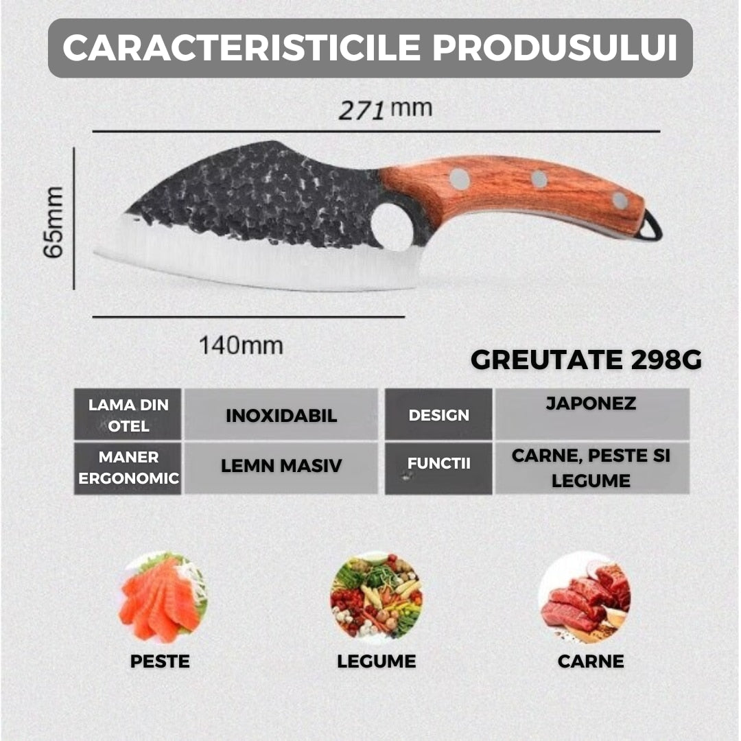 Cutit Satar Japonez Profesional, Lama Forjata din Otel Carbon, Maner Ergonomic din Lemn
