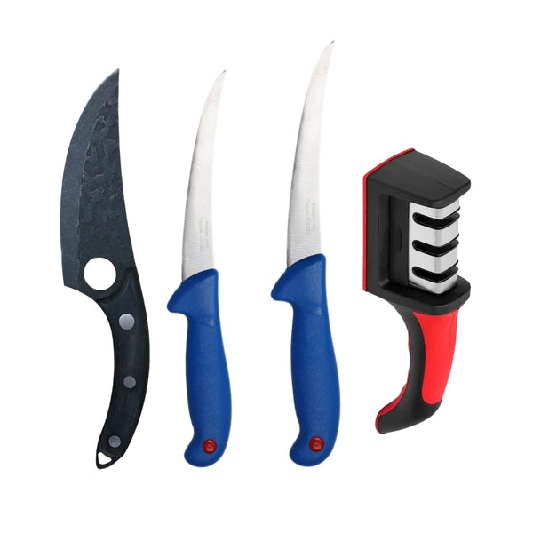 Set 3 Cutite Macelarie, Cutit filetat, Cutit dezosat, Otel inoxidabil si Cutit japonez otel forjat + Dispozitiv de Ascutit