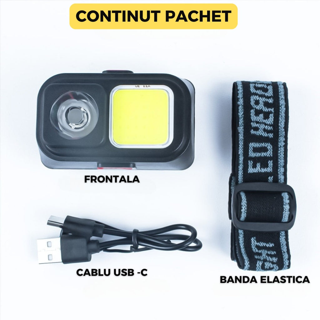 Lanterna de Cap LED + COB, Model D212, Reincarcabila USB, 7 Moduri, Acumulator 14500 Inclus, Luminozitate Ridicata