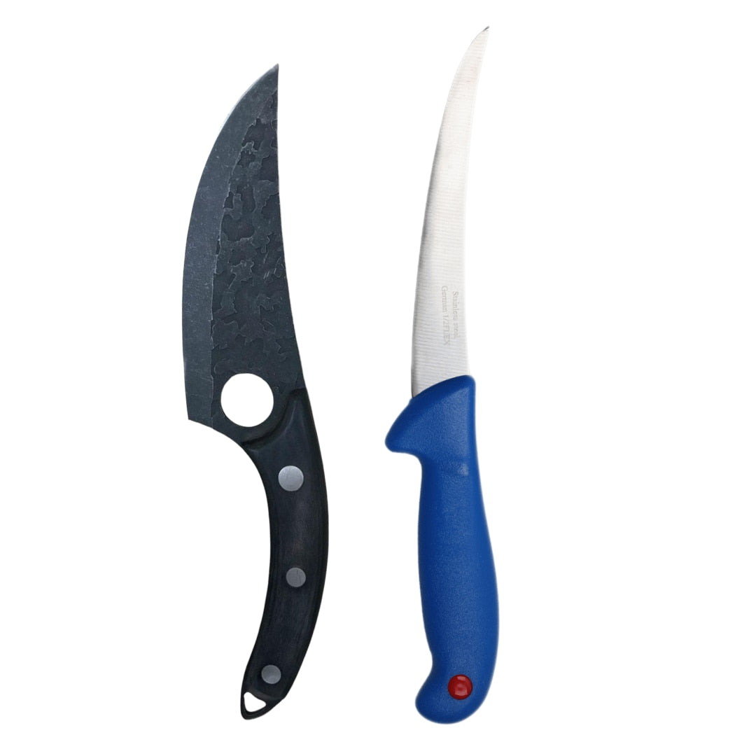 Set 2 Cutite Profesionale Macelarie & Bucatarie, Cutit Japonez Forjat Manual 27.5 cm + Cutit Curbat pentru Dezosat 28 cm, Otel Inoxidabil, Maner Lemn & Plastic, Ergonomice