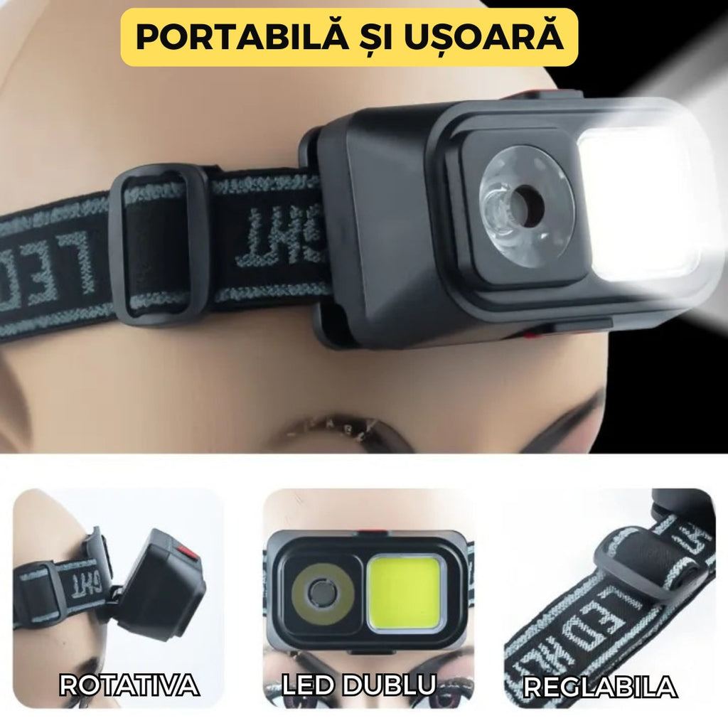 Lanterna de Cap LED + COB, Model D212, Reincarcabila USB, 7 Moduri, Acumulator 14500 Inclus, Luminozitate Ridicata