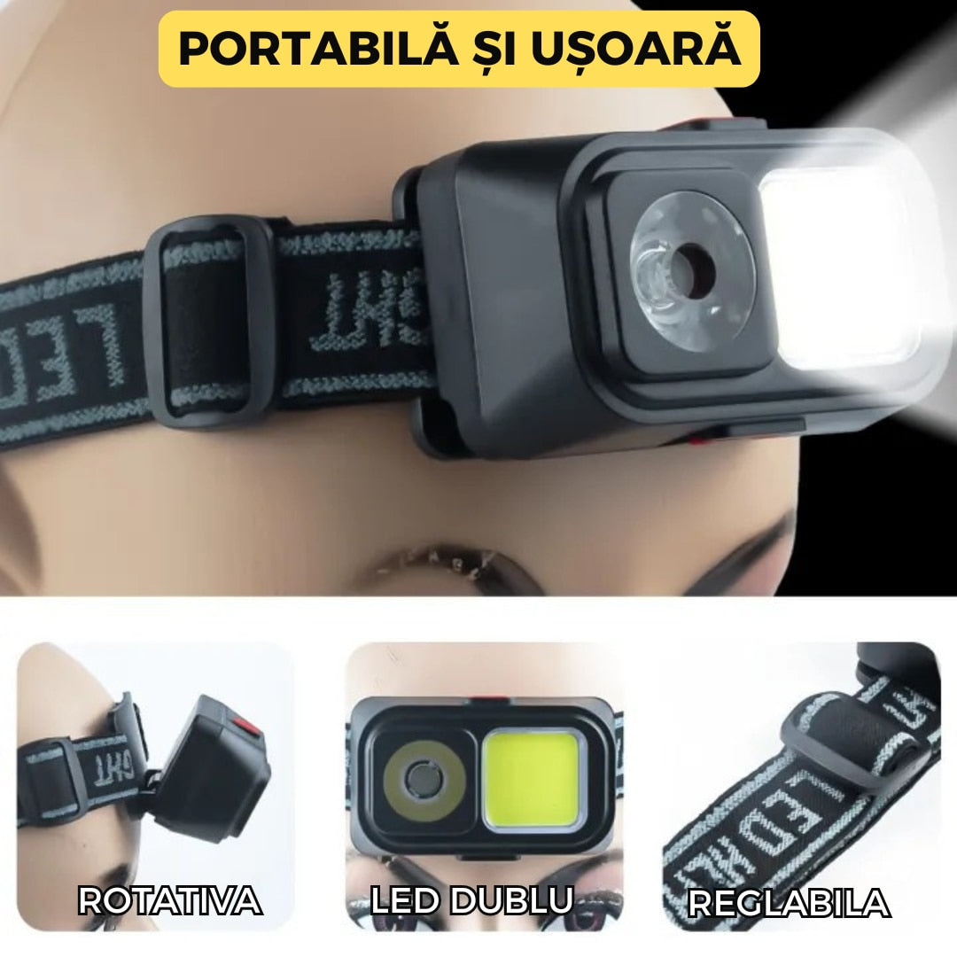 Lanterna de Cap LED + COB, Model D212, Reincarcabila USB, 7 Moduri, Acumulator 14500 Inclus, Luminozitate Ridicata