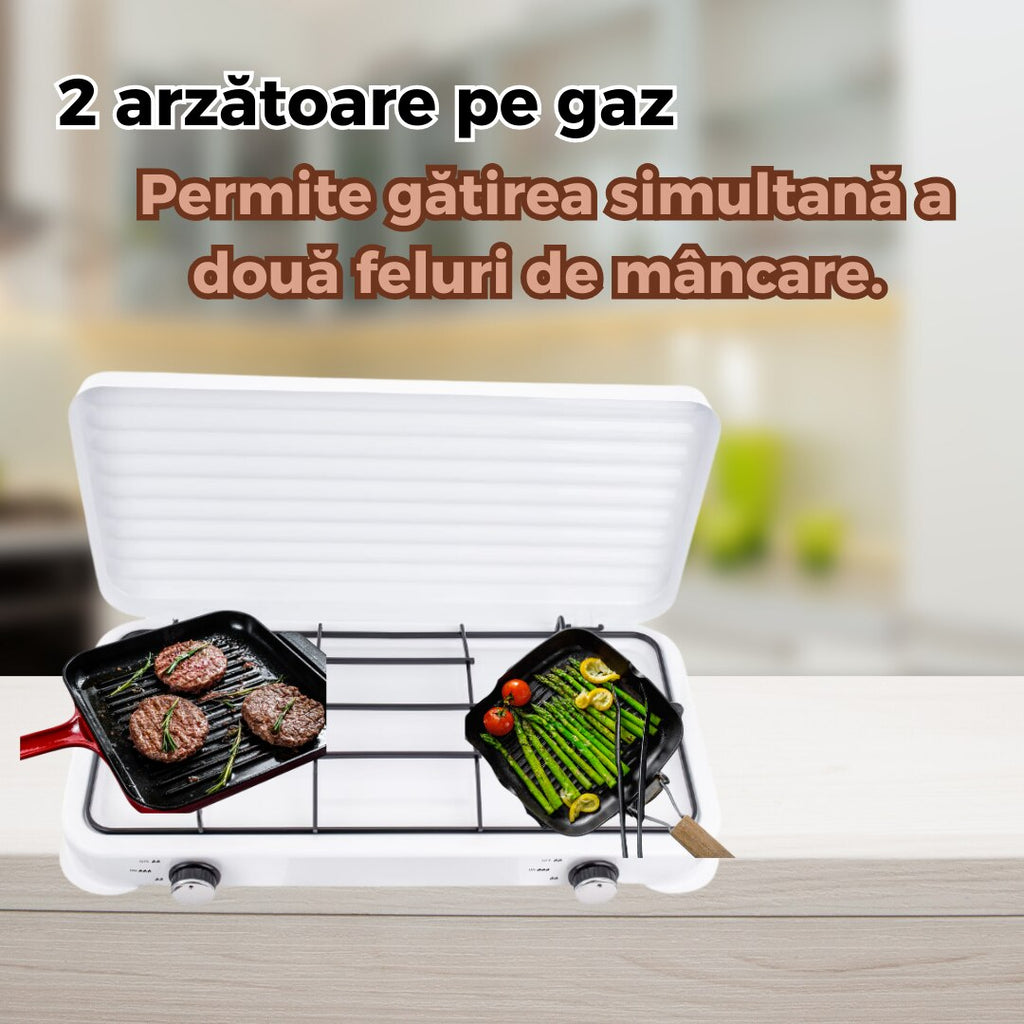 Aragaz portabil cu 2 ochiuri, emailat, alb, GPL + Kit 2m furtun, ceas de butelie, 2 coliere + Suport ochi ibric