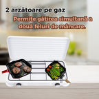 Aragaz portabil cu 2 ochiuri, emailat, alb, GPL + Kit 2m furtun, ceas de butelie, 2 coliere + Suport ochi ibric