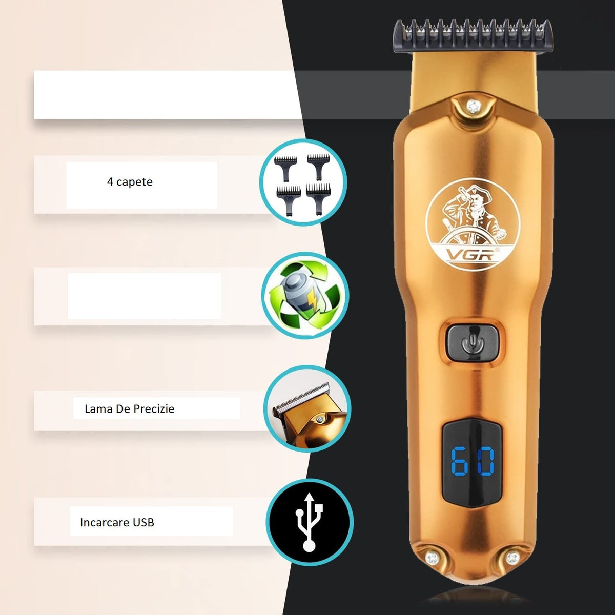Masina profesionala de tuns VGR V927, USB, Display LCD, 4 capete interschimbabile, aurie, 600mAH