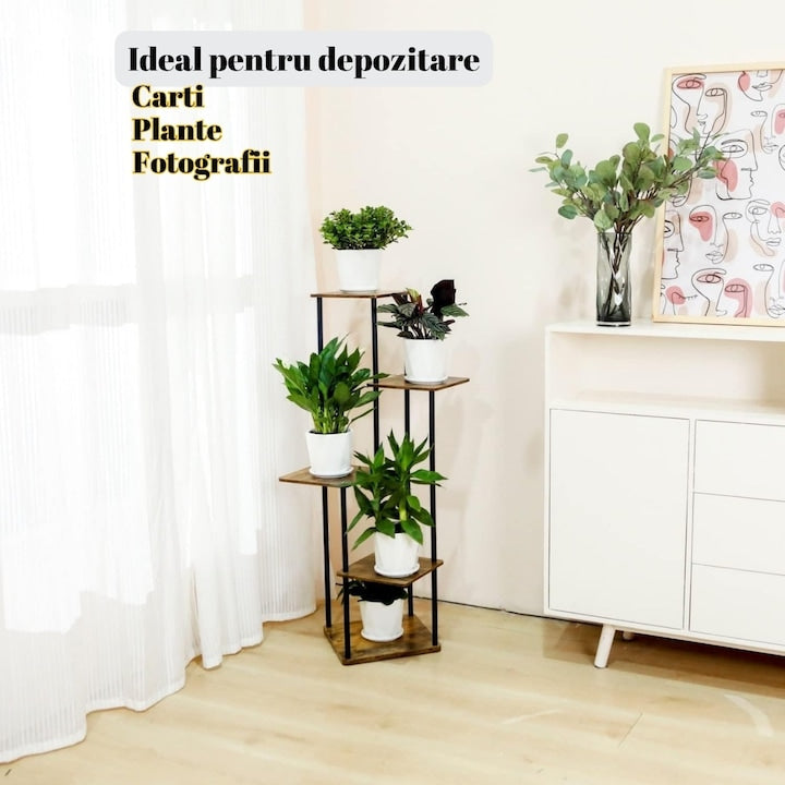 Suport Metalic inalt pentru Plante cu 4 Niveluri, Raft Retro din Lemn pentru Plante Interne, potrivit in Living, Terasa, Gradina si Birou, Inaltime 106.30 cm