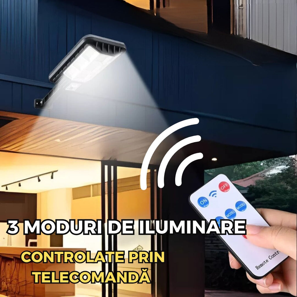 Lampa solara stradala 30w, 150 led, senzor de miscare si lumina, telecomanda, 3 moduri iluminare, ip65