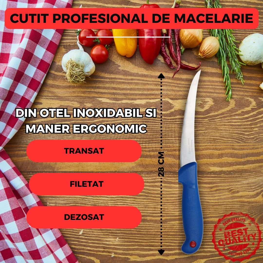 Set 2 Cutite Profesionale Macelarie & Bucatarie, Cutit Japonez Forjat Manual 27.5 cm + Cutit Curbat pentru Dezosat 28 cm, Otel Inoxidabil, Maner Lemn & Plastic, Ergonomice
