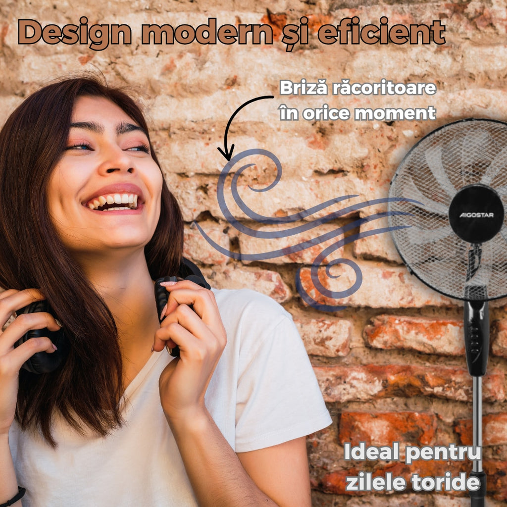 Ventilator Vertical cu Inaltime Reglabila 3 Trepte de Viteza, Design Modern, Silentios, Negru