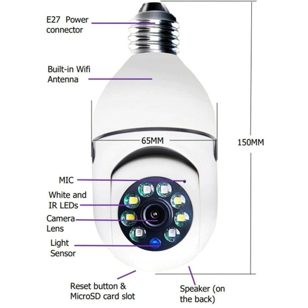 Camera tip bec, WI-FI, HD, Smart-Bulb, cu Senzor de Miscare si Aplicatie Telefon