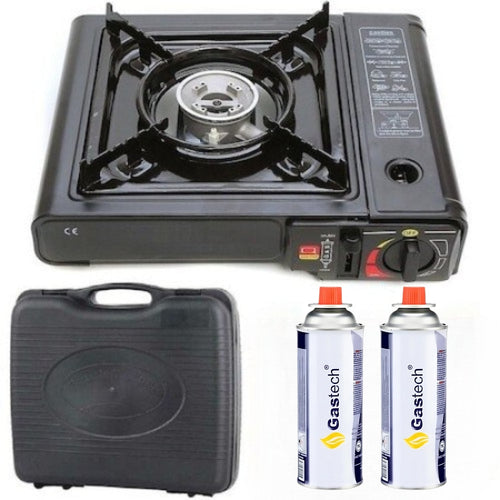 Aragaz Portabil Camping cu Valiza si 2 Cartuse Gaz Butan Gastech, Un Ochi, Aprindere Piezoelectrica, Putere 2.2 kW, Ideal pentru Drumetii, Gratar, Pescuit, Outdoor