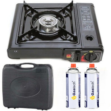 Aragaz Portabil Camping cu Valiza si 2 Rezerve Gaz Butan,  1 Ochi, Aprindere Piezoelectrica, Putere 2.2 kW, Ideal pentru Drumetii, Gratar, Pescuit, Outdoor