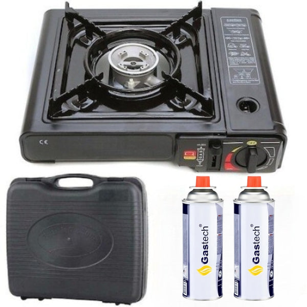 Aragaz Portabil Camping cu Valiza si 2 Rezerve Gaz Butan,  1 Ochi, Aprindere Piezoelectrica, Putere 2.2 kW, Ideal pentru Drumetii, Gratar, Pescuit, Outdoor