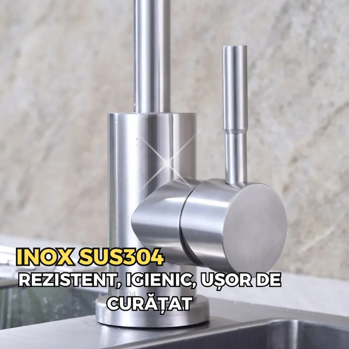 Baterie bucatarie ITALOMIX premium, pipa flexibila 360°, inox SUS304, finisaj satinat, jet reglabil, cartus ceramic, design modern si durabil,1250 g
