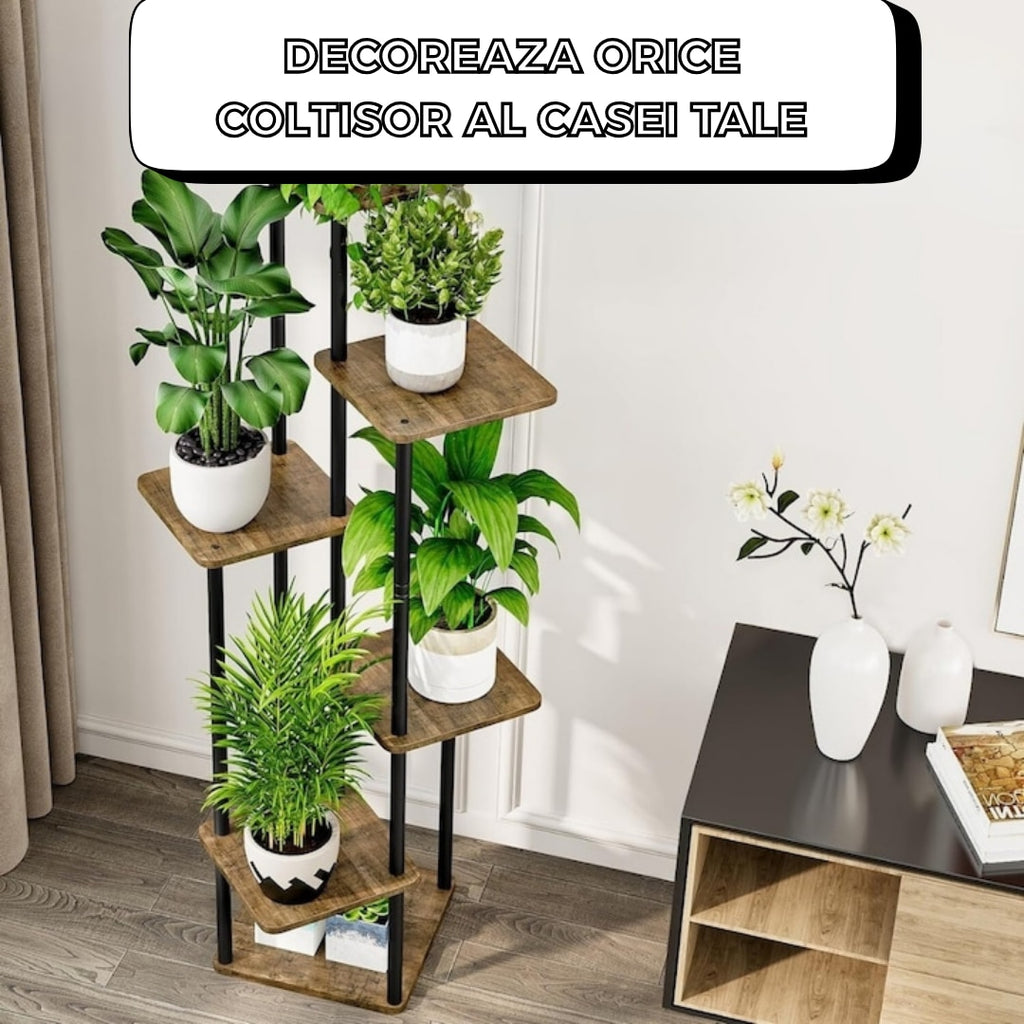 Etajera verticala pentru plante, 5 rafturi, structura metalica si rafturi din lemn