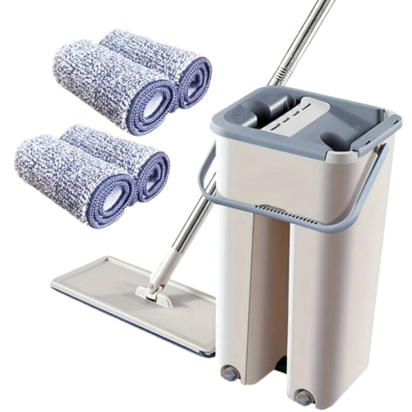 Set Galeata cu Storcator si Mop  , 2 Cuve Pentru Spalare si Uscare Fara Atingere + 4 x Laveta Microfibra Reutilizabila, Gri