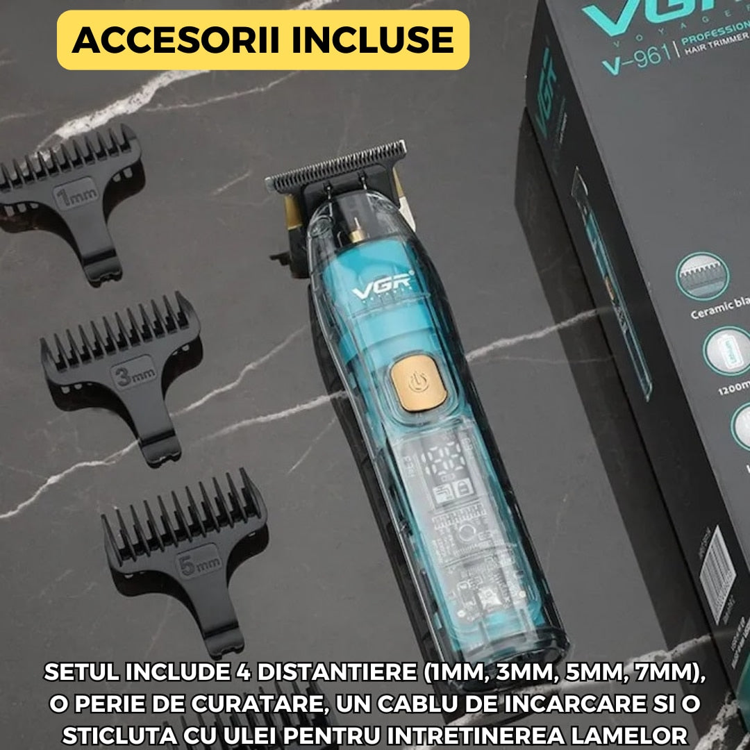 Aparat de tuns profesional V961, lama inox, 5W, baterie 1200mAh, display LED, accesorii incluse