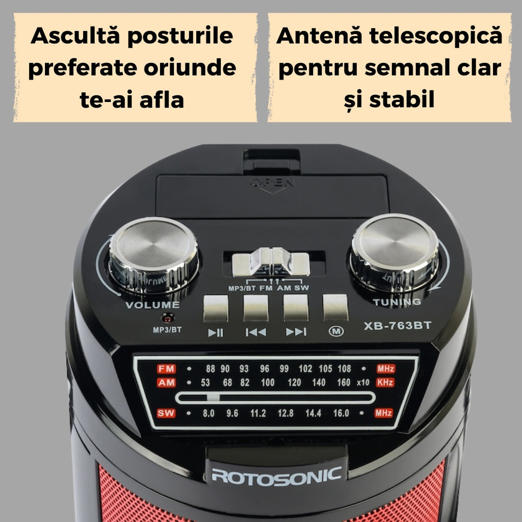 Boxa portabila cu radio, Bluetooth si sunet X-BASS, multifunctionala potrivita pentru evenimentele de zi cu zi