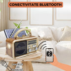 Radio portabil multifunctional XB-899 cu bluetooth, mp3, panou solar, lanterna integrata si suport telefon, 17.5 x 12 x 10 cm, Crem