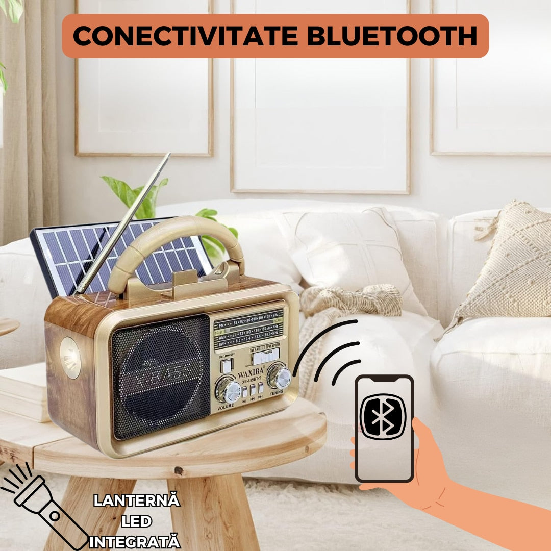Radio portabil multifunctional XB-899 cu bluetooth, mp3, panou solar, lanterna integrata si suport telefon, 17.5 x 12 x 10 cm, Crem