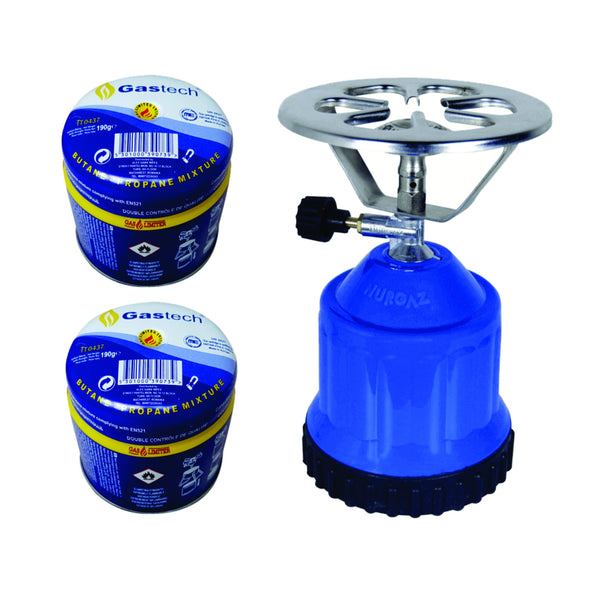 Set mini Aragaz de Voiaj portabil cu doua butelii rezerve Gastech 190g + Butelie gaz pentru aragaz camping, 190 g