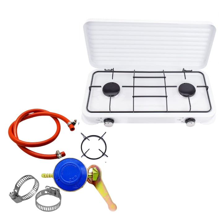 Aragaz portabil cu 2 ochiuri + kit conectare butelie (furtun, regulator, coliere)