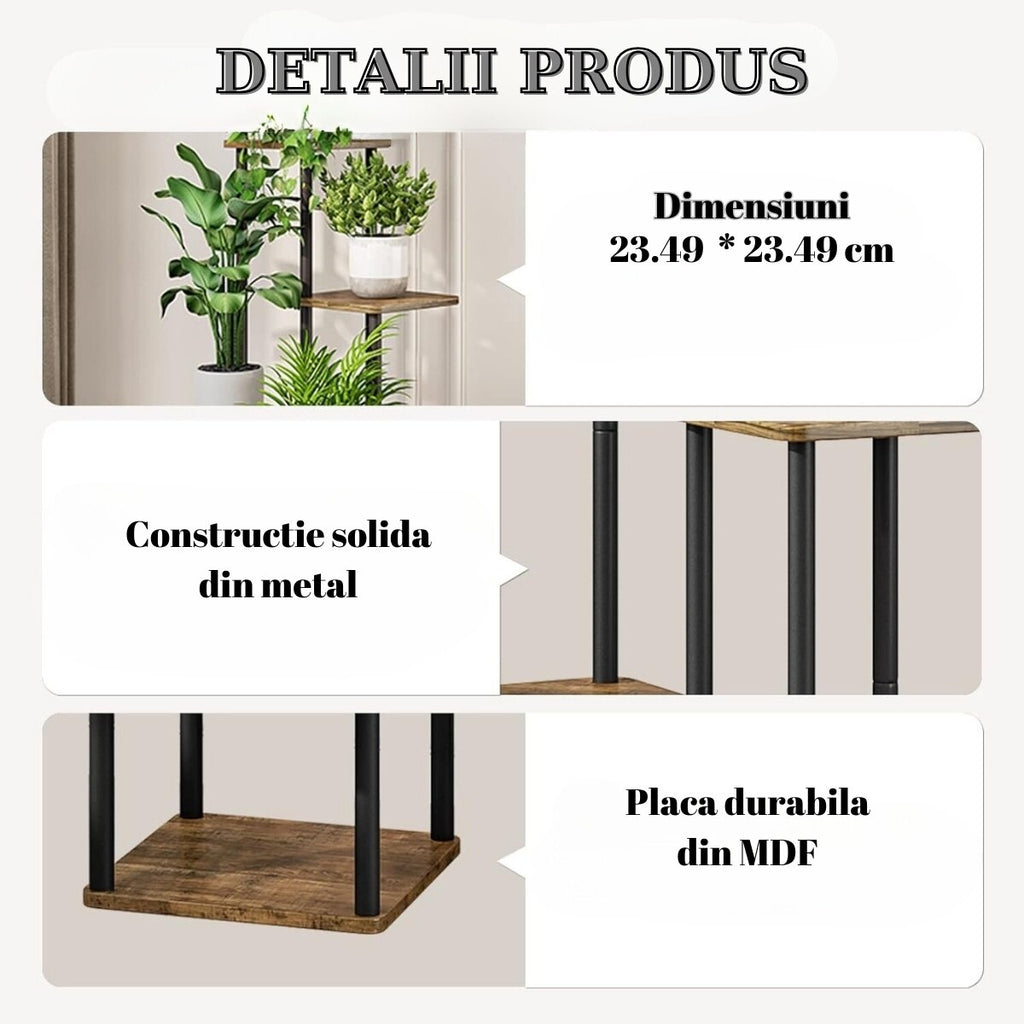 Suport Metalic inalt pentru Plante cu 4 Niveluri, Raft Retro din Lemn pentru Plante Interne, potrivit in Living, Terasa, Gradina si Birou, Inaltime 106.30 cm