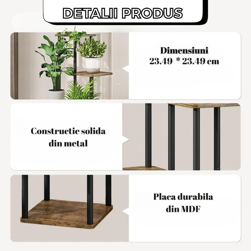 Etajera verticala pentru plante, 5 rafturi, structura metalica si rafturi din lemn