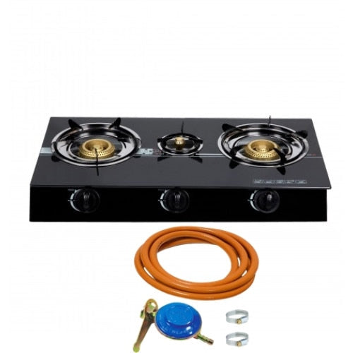 Aragaz din sticla securizata, 3 ochiuri, aprindere pe quartz + Kit reglabil GPL