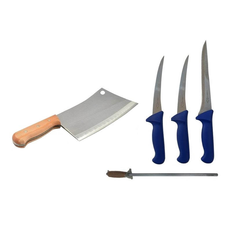 Pachet format din 2 Cutite curbate de dezosat, un Cutit de injunghiat, un Satar profesional si un Masat de 12 inch, BRT06