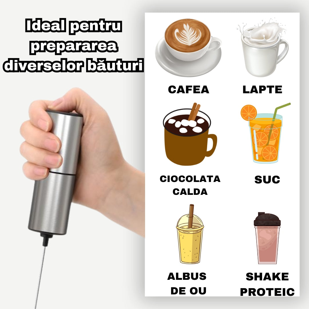 Spumator de Lapte, 14000 rpm, Mixer Inox pentru Cafea, Latte, Matcha, Multifunctional, Alimentare pe Baterii