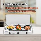Aragaz portabil cu 3 ochiuri SGS 6003, capac metalic, kit complet conectare butelie si suport pentru ochi, ideal pentru camping sau gatit in aer liber
