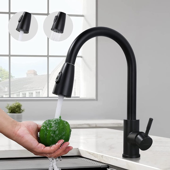 Baterie de bucatarie, Inox, Dus extensibil, Rotire 360, Negru