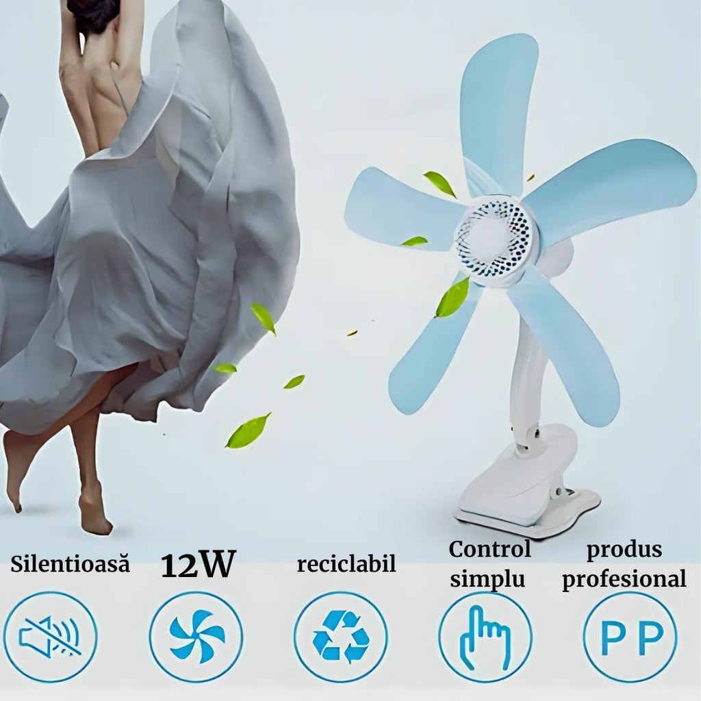 Ventilator Electric de Masa cu 5 Pale Flexibile, Design Silentios, Ultra Usor si Portabil, Pentru Birou, Dormitor, Albastru