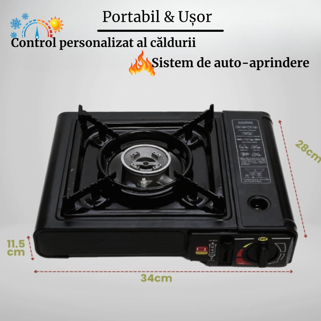 Aragaz Portabil Camping cu Valiza si 2 Rezerve Gaz Butan,  1 Ochi, Aprindere Piezoelectrica, Putere 2.2 kW, Ideal pentru Drumetii, Gratar, Pescuit, Outdoor