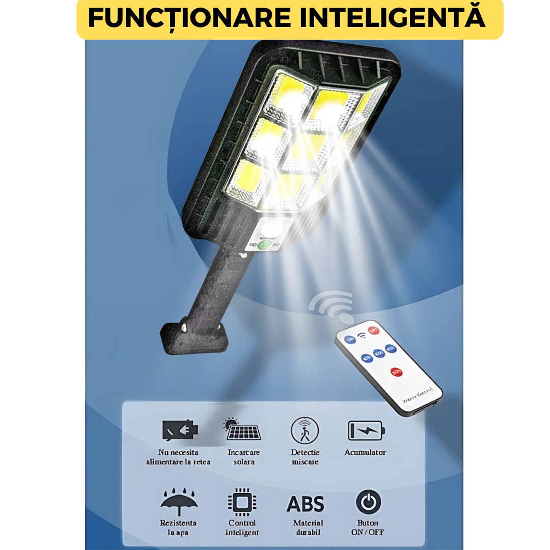 Lampa solara stradala 30w, 150 led, senzor de miscare si lumina, telecomanda, 3 moduri iluminare, ip65