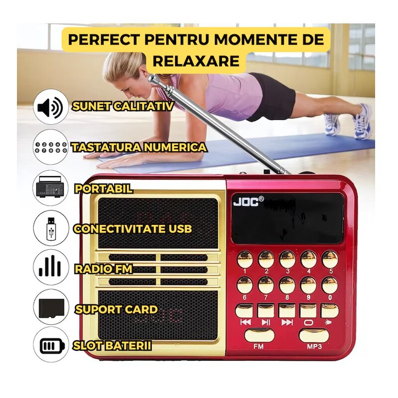 Radio portabil FM, MP3 portabil digital, cu ecran LCD, lanterna LED, USB, card SD, Mufa Jack, baterie reincarcabila, Conectivitate Bluetooth, Rosu