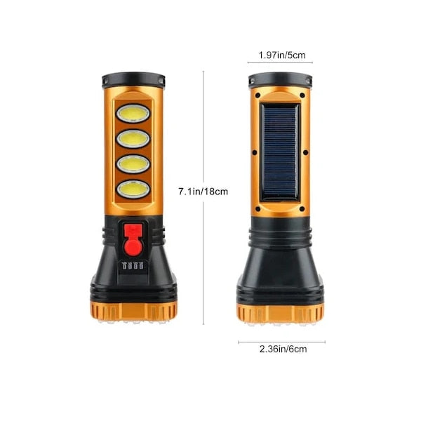 Lanterna LED 10W, cu Lumina Frontala si Laterala, Incarcare Solara si USB, Indicator Nivel Baterie, 5 faze iluminare