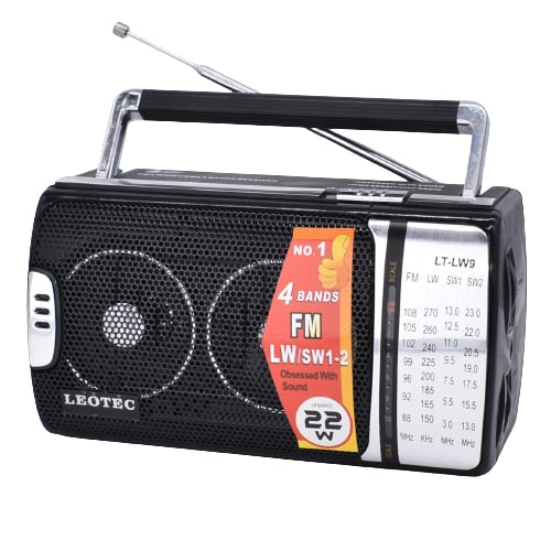 Radio Portabil cu 4 benzi de receptie FM/LW/SW1/SW2, Alimentare 220V / baterii 3x1.5v R20 Leotec, Negru, LW9