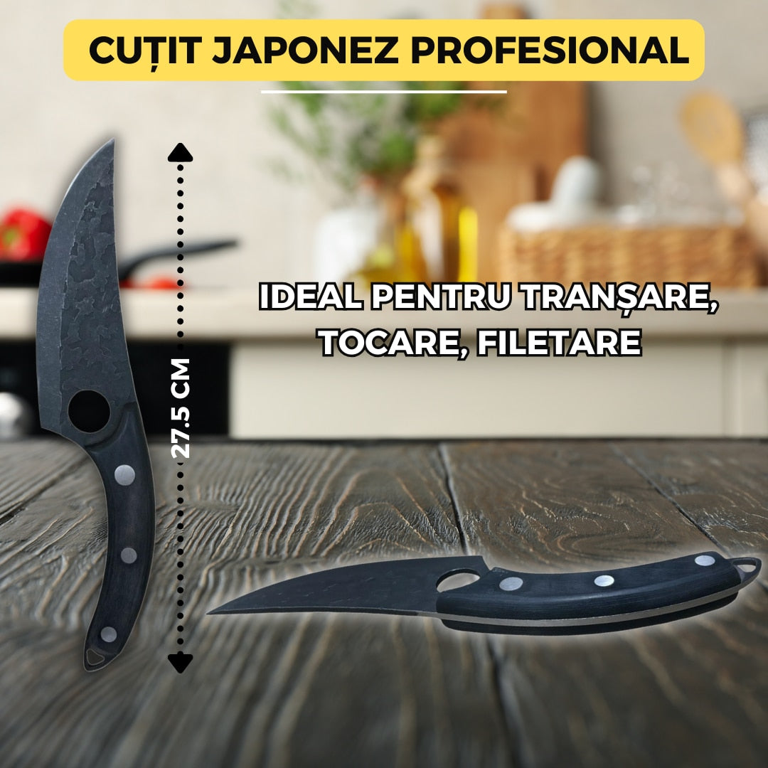 Set 2 Cutite Profesionale Macelarie & Bucatarie, Cutit Japonez Forjat Manual 27.5 cm + Cutit Curbat pentru Dezosat 28 cm, Otel Inoxidabil, Maner Lemn & Plastic, Ergonomice