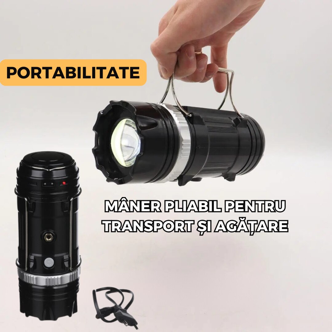 Lanterna de camping Stage Lamp 9688 cu panou solar, reincarcabila, 3 moduri de iluminare, 1600 mAh, lumina alba si calda, port USB