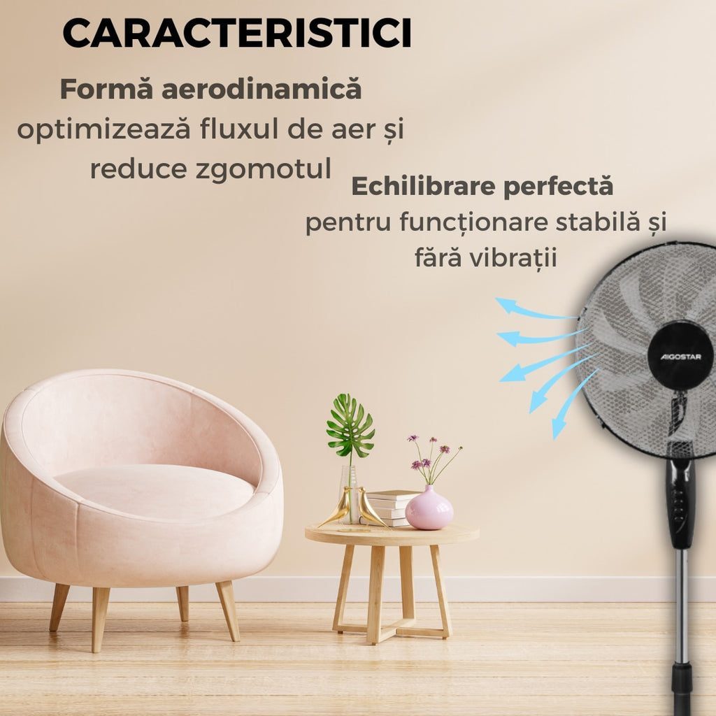 Ventilator Vertical cu Inaltime Reglabila 3 Trepte de Viteza, Design Modern, Silentios, Negru