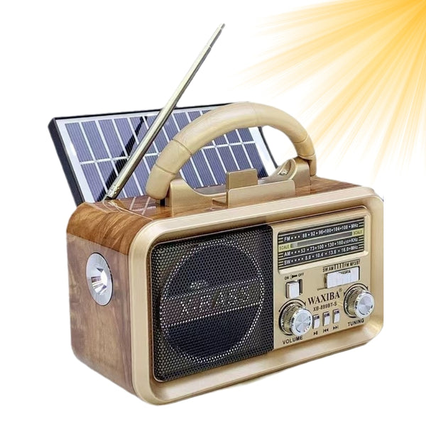 Radio portabil Retro multifunctional XB-899 cu bluetooth, mp3, panou solar, lanterna integrata si suport telefon, 17.5 x 12 x 10 cm, Crem
