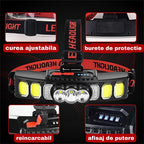Lanterna Frontala LED Reincarcabila, 6 Moduri, 18000 Lumeni, Lumina Rosie, USB, Ideala pentru Camping, Drumetii, Pescuit