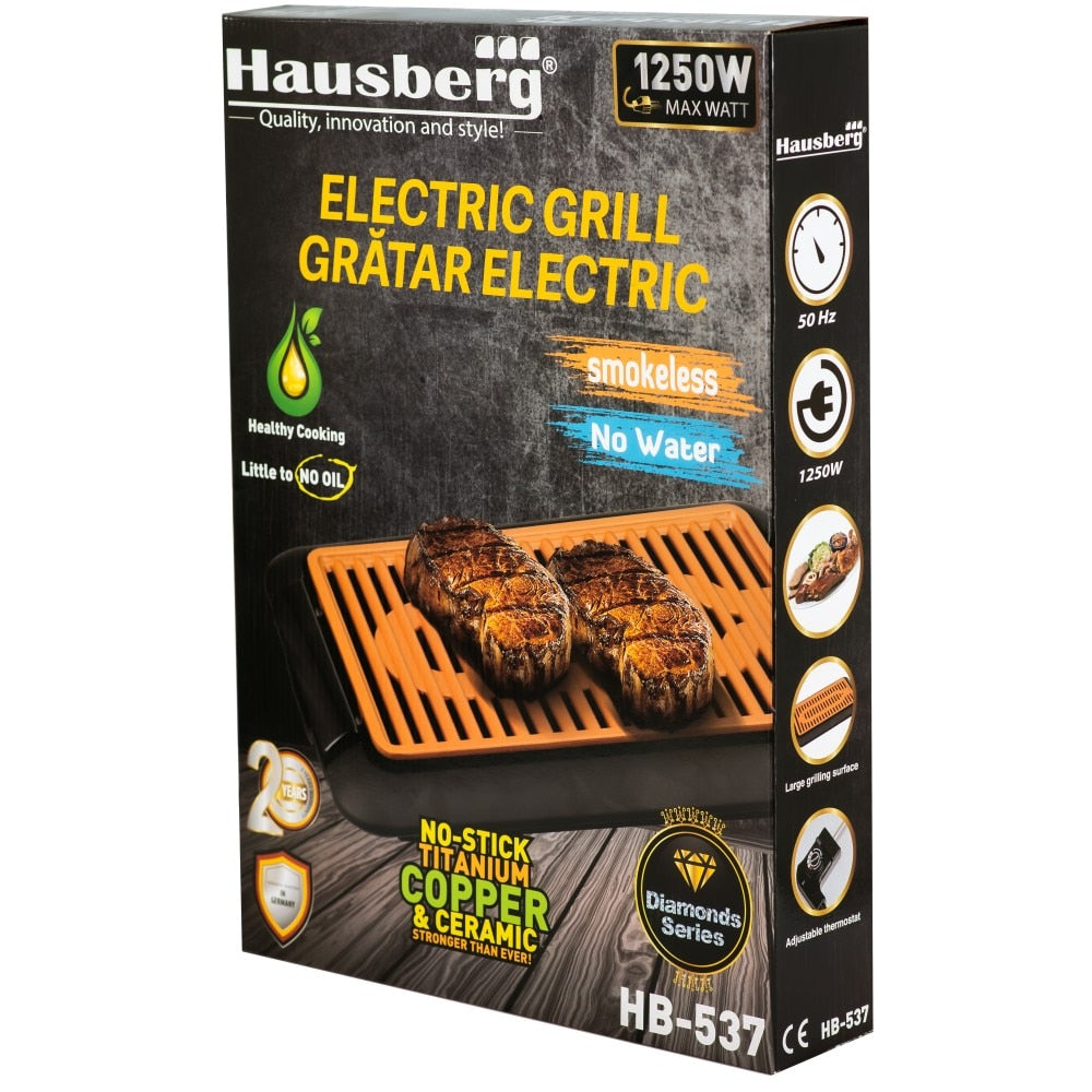 Gratar fara Fum HAUSBERG HB-537 SMOKELESS BARBEQUE, 1250W, Zona de gatit: 23cm x 36cm, Negru + Scandura De Taiat, Manopera Solida, Stabila, Maner Pentru Agatare, 38 x 28 cm