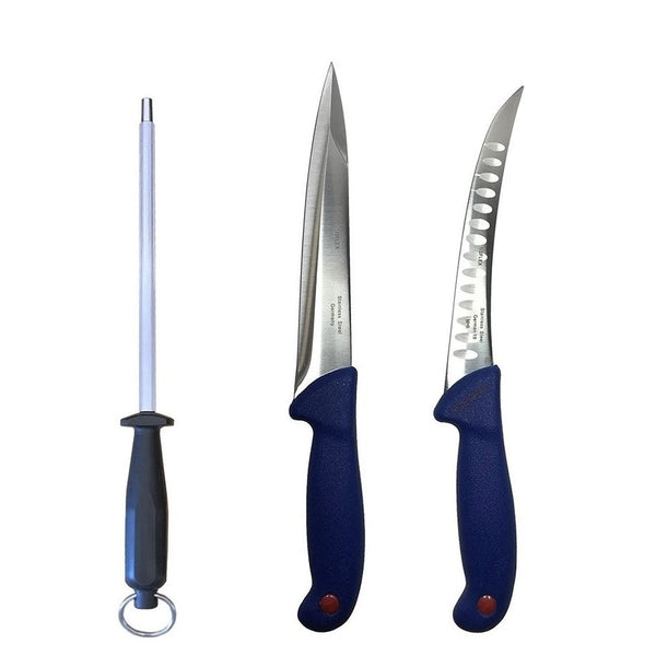 Set cutite profesionale de macelarie, transat, injunghiat, filetat, dezosat, 2 cutite, masat pentru ascutit