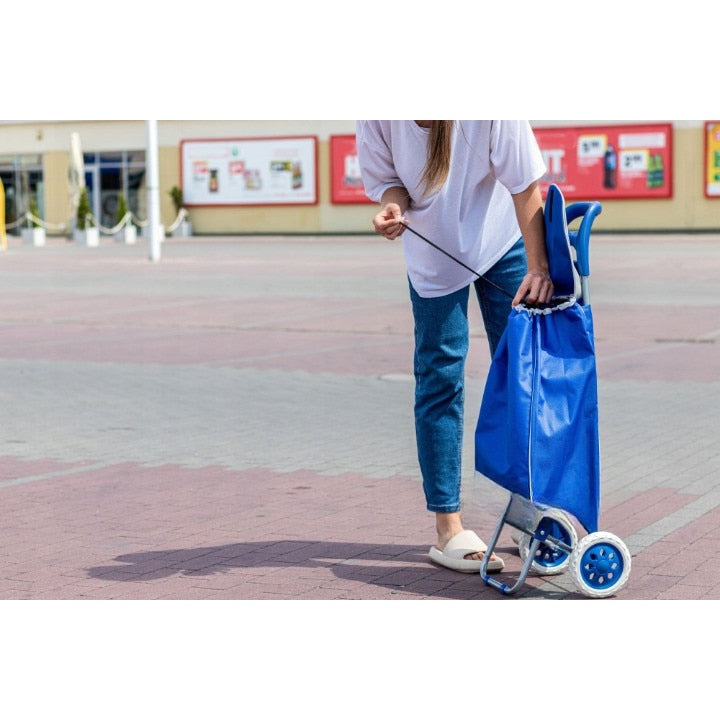 Carucior pentru cumparaturi, Multistore, cadru metalic, roti din spuma, capacitate 25 L, inaltime 90 cm, Albastru inchis